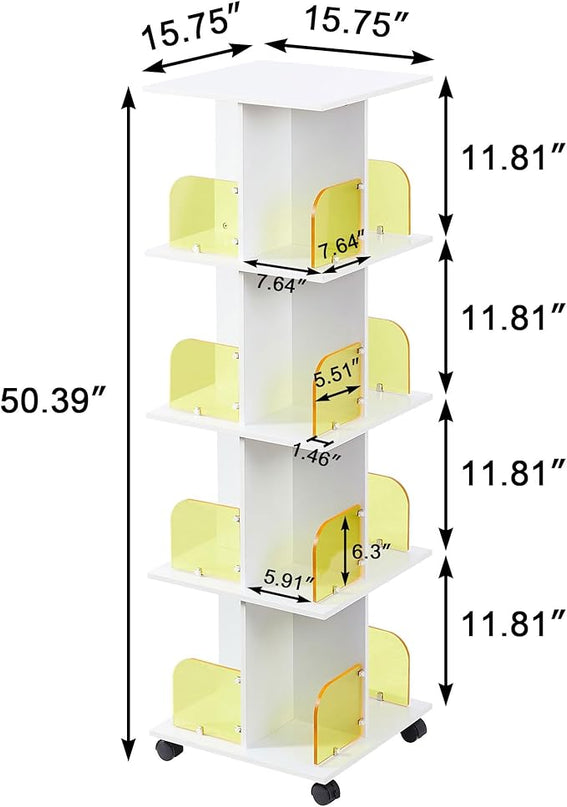 VECELO Rotating Bookshelf with Brake Wheels, 360°Display 4 Tier Floor Stackable Spinning-Bookshelf Tower for Kids&Adults, Revolving Bookcase for Small Space,Corner(White) - LeafyLoom
