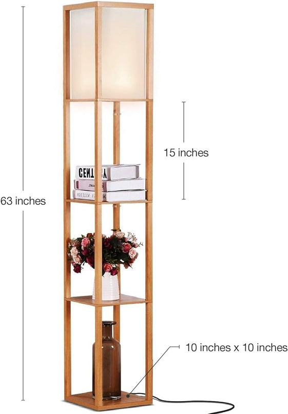 Brightech Maxwell - Modern Shelf Floor Lamp with Lamp Shade and LED Bulb - Corner Display Floor Lamps with Shelves for Living Room, Bedroom and Office - Natural Wood - LeafyLoom