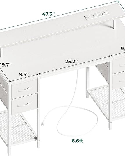 47 inch Computer Desk with 4 Drawers, Gaming Desk with LED Lights & Power Outlets, Home Office Desk with Large Storage Space for Bedroom, Work from Home, White - LeafyLoom