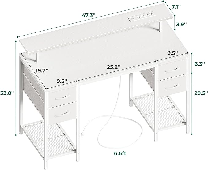 47 inch Computer Desk with 4 Drawers, Gaming Desk with LED Lights & Power Outlets, Home Office Desk with Large Storage Space for Bedroom, Work from Home, White - LeafyLoom