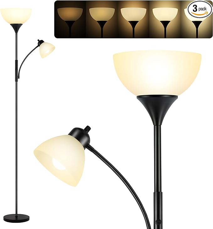 Floor Lamp, Dimmable Standing lamp, 3 Levels Dimmable Brightness, Included 9W and 5W LED Bulbs, Industrial Floor Lamp for Living Room, Bedroom, Office, Reading - LeafyLoom