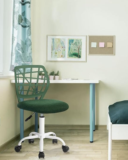 Kids Desk Chair, Fabric Office Chair Armless Small Mid Back Swivel Children Computer Task Chair Ergonomic Height Adjustable Study Chairs with Swivel Padded Cushion and Rolling Wheels, Dark Green - LeafyLoom