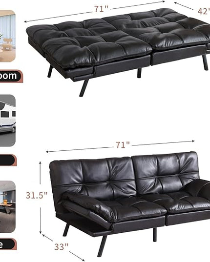 MUUEGM Futon Sofa Bed Convertible Memory Foam Sleeper Couch,Modern Faux Leather Loveseat for Living Room,Small Compact Space,Dorm,Office,Adjustable Armrests Backrest Sofabed, Black - LeafyLoom