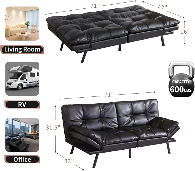 MUUEGM Futon Sofa Bed Convertible Memory Foam Sleeper Couch,Modern Faux Leather Loveseat for Living Room,Small Compact Space,Dorm,Office,Adjustable Armrests Backrest Sofabed, Black - LeafyLoom