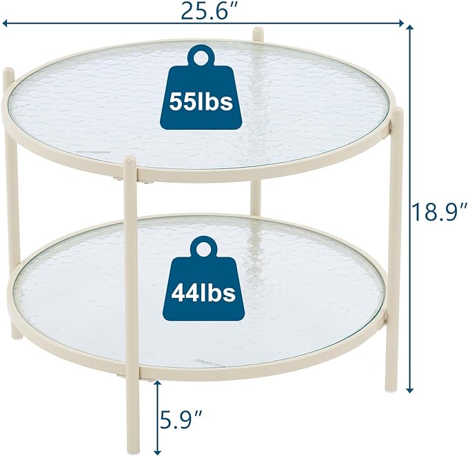 VINGLI 25.6" Small Cream White Round Coffee Table Water-wave Glass Circle Clear Coffee Table, Center Table with 2-Tier Modern Storage Design for Living Room, Bedroom, Meeting Room, Balcony, Beige - LeafyLoom