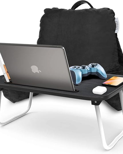 Nestl Reading Pillow with Portable Laptop Lap Desk, Velvet Feel Back Pillow for Sitting in Bed, Shredded Memory Foam Back Support Pillow for Bed, Bed Rest Pillow with Arms, Standard - Black - LeafyLoom