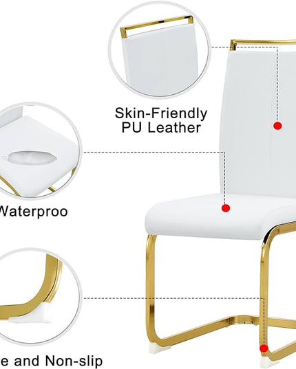 Modern Dining Chairs Set of 2, Side Dining Room Chairs with Golden Legs, Kitchen Chairs with Faux Leather Padded Seat High Back, Chairs for Dining Room,Kitchen, Living Room White - LeafyLoom