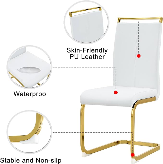 Modern Dining Chairs Set of 2, Side Dining Room Chairs with Golden Legs, Kitchen Chairs with Faux Leather Padded Seat High Back, Chairs for Dining Room,Kitchen, Living Room White - LeafyLoom