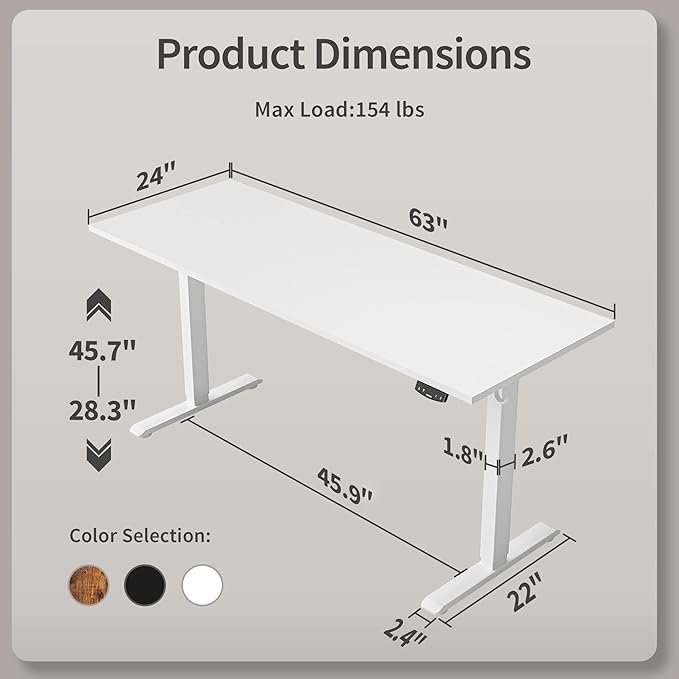 Electric Standing Desk, Large 63 x 24 Inches Height Adjustable Desk, Sit Stand up Desk for Work Office Home, Ergonomic Rising Computer Table with Memory Preset, White - LeafyLoom