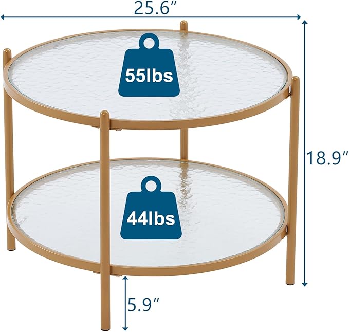 VINGLI 25.6" Small Matte Gold Round Coffee Table Water-wave Glass Circle Clear Coffee Table, Center Table with 2-Tier Modern Storage Design for Living Room, Bedroom, Meeting Room, Balcony, Patio - LeafyLoom