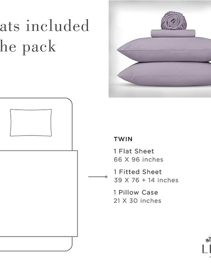 Linen Home Washed Cotton Percale Twin Sheet Set, Iris Lilac, Deep Pocket, 3 Pieces Bed Sheets - 1 Flat Sheet, 1 Fitted Sheet & 1 Envelope Closure Pillowcase, Cool and Comfortable Bed Linen - LeafyLoom