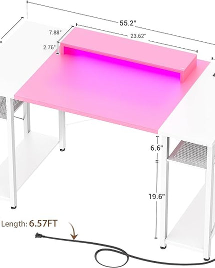 armocity Computer Desk with LED Lights, 55 Inch Desk with Power Outlet and USB, Reversible Large Desk with Moveable Monitor Stand, 55.2'' Gaming PC Table for Home Office, Workstation, Pink and White - LeafyLoom