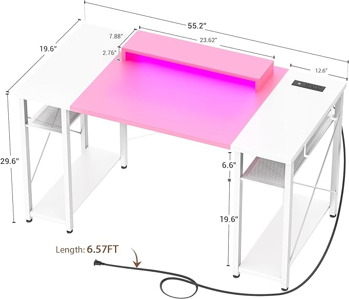 armocity Computer Desk with LED Lights, 55 Inch Desk with Power Outlet and USB, Reversible Large Desk with Moveable Monitor Stand, 55.2'' Gaming PC Table for Home Office, Workstation, Pink and White - LeafyLoom