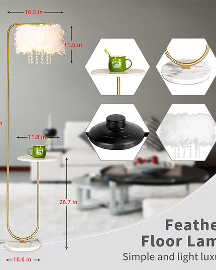 Unique Led White Feather Floor Lamp with Tray,Ostrich Feather Stand Lamp,Living Room Bedroom Office Shop Window Decoration Lamp,Foot Switch and Brass/Gold Finish Arc Floor Lamp - LeafyLoom