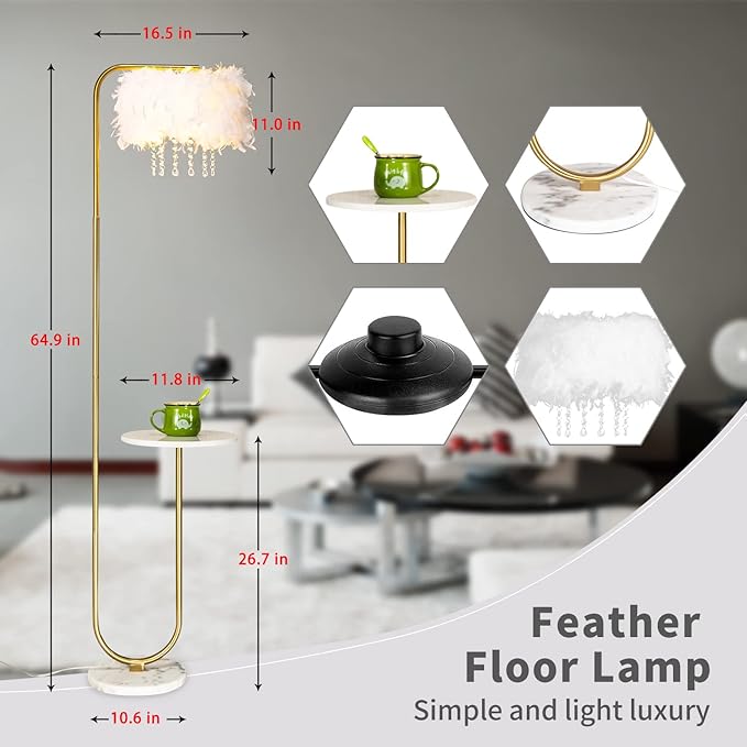 Unique Led White Feather Floor Lamp with Tray,Ostrich Feather Stand Lamp,Living Room Bedroom Office Shop Window Decoration Lamp,Foot Switch and Brass/Gold Finish Arc Floor Lamp - LeafyLoom
