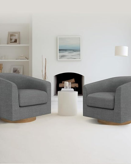 MUUEGM Accent Chair with Arms, 360 Degree Swivel Accent Chair with Wood Base, Modern Barrel Chair for Living Room, Bedroom, Waiting Room, Fully Assembled,Performance Fabric in Dark Grey - LeafyLoom