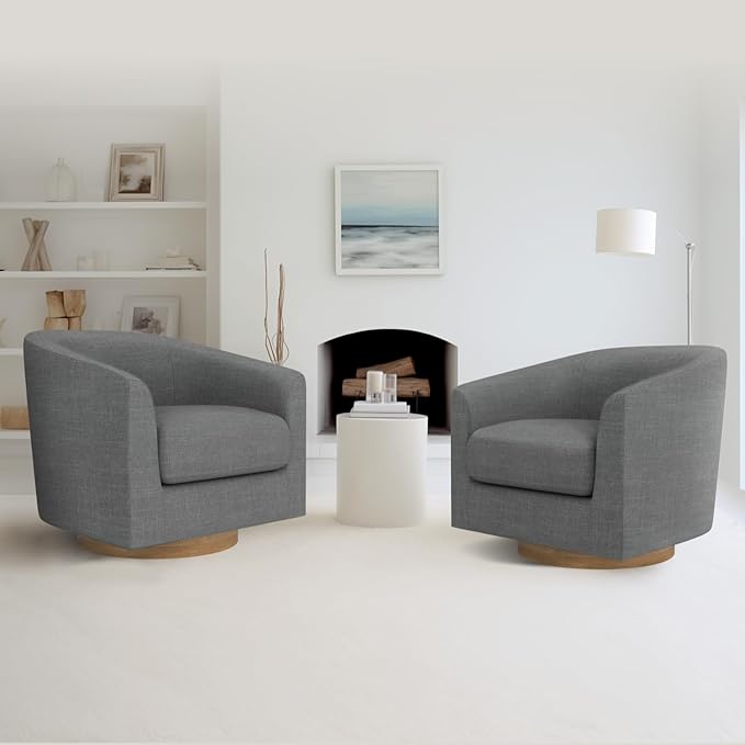 MUUEGM Accent Chair with Arms, 360 Degree Swivel Accent Chair with Wood Base, Modern Barrel Chair for Living Room, Bedroom, Waiting Room, Fully Assembled,Performance Fabric in Dark Grey - LeafyLoom