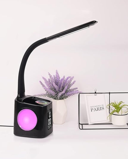 wanjiaone LED Desk Lamp with Clock,Color Changing Nightlight,Study Lamp with Pen Holder,Desk Light with USB Charger,Table Light for Home,Office,Gift for Kids,Students,Women,Black - LeafyLoom