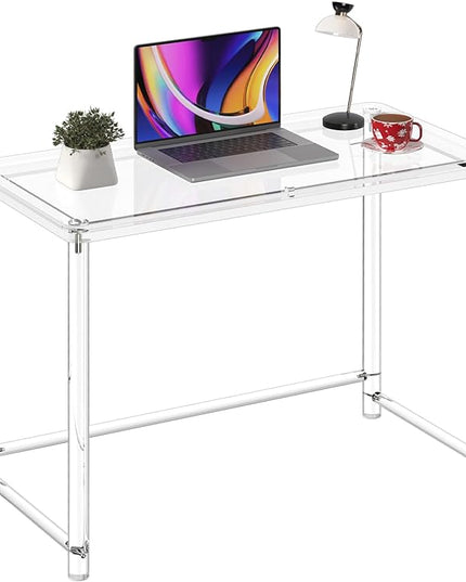 HMYHUM Acrylic Desk, Clear Desk for Home Office for Laptop, Study, Writing, Vanity Table with Cylindrical Legs, Modern, Easy Assembly, 39.4" L x 19.7" W x 29.5" H - LeafyLoom
