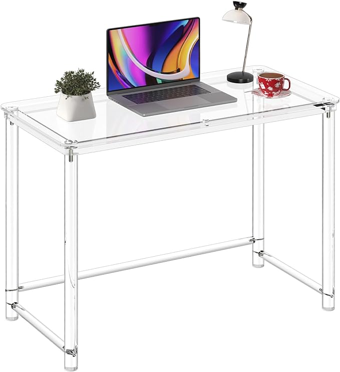 HMYHUM Acrylic Desk, Clear Desk for Home Office for Laptop, Study, Writing, Vanity Table with Cylindrical Legs, Modern, Easy Assembly, 39.4" L x 19.7" W x 29.5" H - LeafyLoom