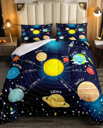 Erosebridal Outer Space Comforter Set Starry Sky Bedding Set Queen Size for Kids Boys Girls Room Galaxy Planet Space Duvet Sets Solar System Cartoon Down Comforter 3 Pieces with 2 Pillow Cases, Blue - LeafyLoom