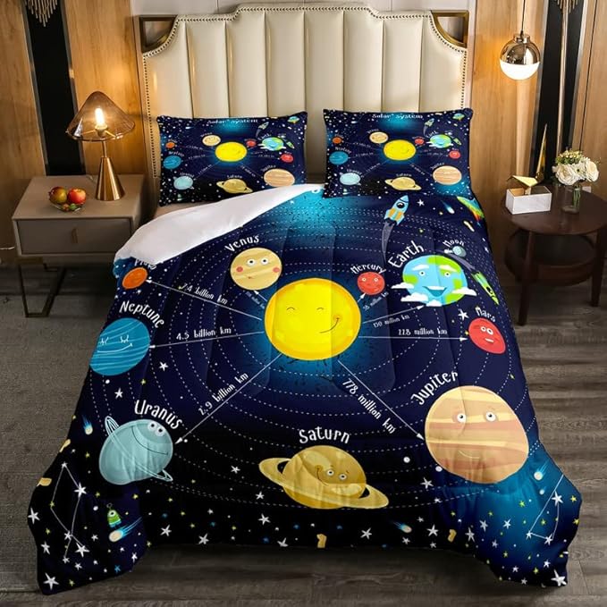 Erosebridal Outer Space Comforter Set Starry Sky Bedding Set Twin Size for Kids Boys Girls Room Galaxy Planet Space Duvet Sets Solar System Cartoon Down Comforter 2 Pieces with 1 Pillow Case, Blue - LeafyLoom