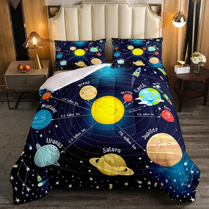 Erosebridal Outer Space Comforter Set Starry Sky Bedding Set Full Size for Kids Boys Girls Room Galaxy Planet Space Duvet Sets Solar System Cartoon Down Comforter 3 Pieces with 2 Pillow Cases, Blue - LeafyLoom