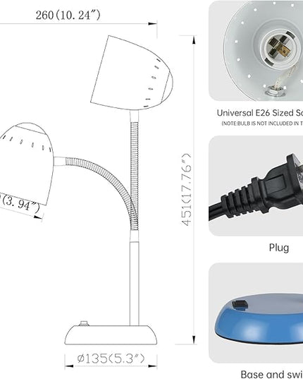 Eye-Caring Table Lamp of Simple Designs Home E26 Led Screw Basic Metal Desk Lamp with Flexible Gooseneck Hose Neck Study Lamp for Bedroom Office Living Room Convenient On/Off Switch (Light Blue) - LeafyLoom