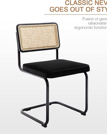 Zesthouse Rattan Dining Chairs Set of 2, Velvet Accent Chairs with Natural Cane Back & Stainless Chrome Base, Modern Mid Century Breuer Designed Chairs, Upholstered Dining Room Kitchen Chairs - LeafyLoom