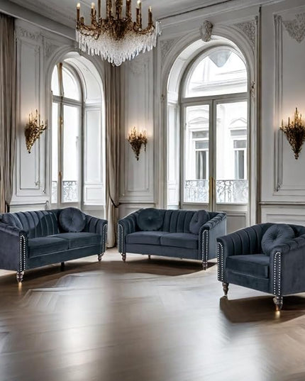 Velvet Modern Living Room Couch 3 Piece with Scroll Arms and Nailhead, includes 2 Love-seat Chair & Armchair, Sofa and Loveseat Set Black - LeafyLoom