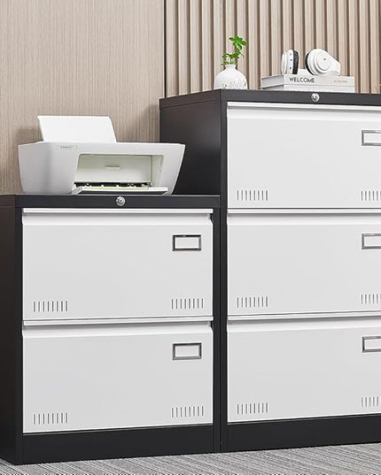 2 Drawer Metal Lateral Lock and Card Holder,Office Vertical Files Storage Cabinets w/Heavy 3 Section Slide Rail & Breathable Holes,for Legal/Letter/A4,Black+White - LeafyLoom