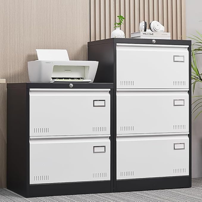 2 Drawer Metal Lateral Lock and Card Holder,Office Vertical Files Storage Cabinets w/Heavy 3 Section Slide Rail & Breathable Holes,for Legal/Letter/A4,Black+White - LeafyLoom