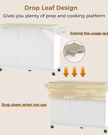 54" Large Kitchen Island Cart with Drop Leaf, Kitchen Island with Storage, Rolling Kitchen Island with Inside Cabinet, 3 Drawers, Spice Rack, Towel Rack and Wood Tabletop(White) - LeafyLoom
