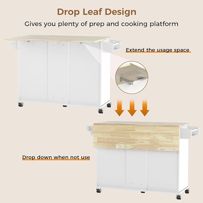 54" Large Kitchen Island Cart with Drop Leaf, Kitchen Island with Storage, Rolling Kitchen Island with Inside Cabinet, 3 Drawers, Spice Rack, Towel Rack and Wood Tabletop(White) - LeafyLoom