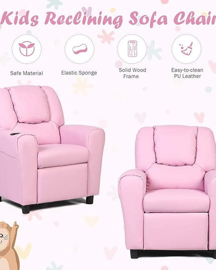 ARLIME Kids Recliner chair, toddler Armchair Upholstered Couch with Cup Holder, Backrest, baby Leather sofa with Headrest and Footrest, Child Furniture for Ages 2-7(Pink) - LeafyLoom