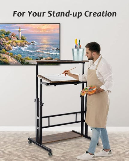 Hadulcet Mobile Standing Desk, Rolling Table Adjustable Computer Desk, Stand Up Laptop Desk Mobile Workstation for Home Office Classroom with Wheels, 31.49 x 23.6 in Rustic Brown - LeafyLoom