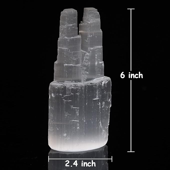 JIC Gem USB Selenite Lamp Twin Tower Healing Crystal Lamp Natural Selenite Skyscraper Lamp 6 Inch with Wooden LED Light Stand Base - LeafyLoom