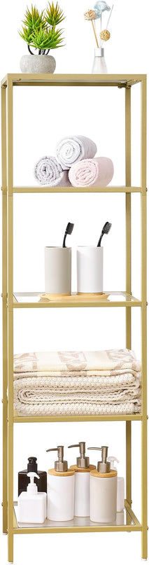 5-Tier Bookshelf,Metal Bookcase,Tempered Glass Shelves,Storage Rack Shelf for Home Office,Living Room,Bedroom, Bathroom,Modern Style,Golden - LeafyLoom