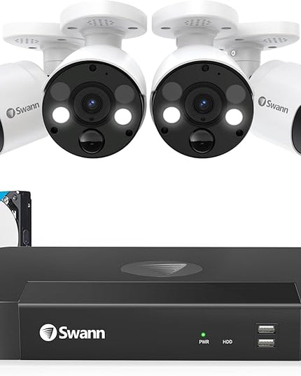 Swann Home Security Camera System with 2TB HDD, 8 Channel 4 Cam, POE Cat5e NVR 4K HD Video, Indoor or Outdoor Wired Surveillance CCTV, Color Night Vision, Heat Motion Detection, LED Lights, 886804FB SwannUSA