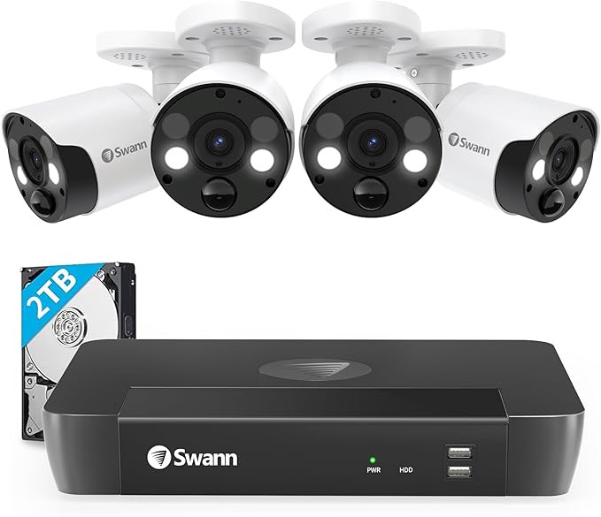 Swann Home Security Camera System with 2TB HDD, 8 Channel 4 Cam, POE Cat5e NVR 4K HD Video, Indoor or Outdoor Wired Surveillance CCTV, Color Night Vision, Heat Motion Detection, LED Lights, 886804FB SwannUSA