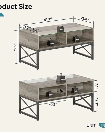 Bestier LED Coffee Tables for Living Room,Wood Center Table with Glass Top Game Night. 42 Inch Room Grey Wash - LeafyLoom
