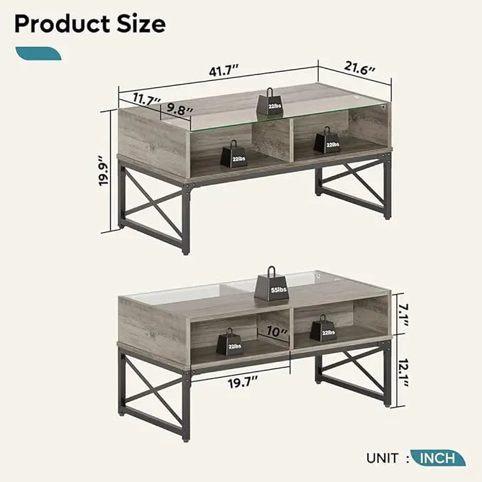 Bestier LED Coffee Tables for Living Room,Wood Center Table with Glass Top Game Night. 42 Inch Room Grey Wash - LeafyLoom