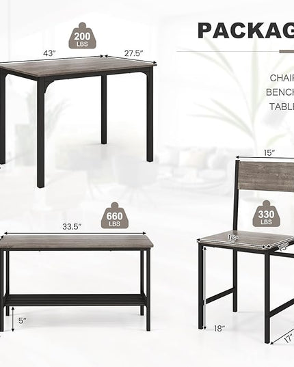 Dining Table Set for 4, Dinette Set w/Bench & Chairs, 2-Person Kitchen Table and Chairs w/Metal Frame & Storage Rack, Space-Saving Kitchen Table w/Bench for Apartment (Grey), Small - LeafyLoom