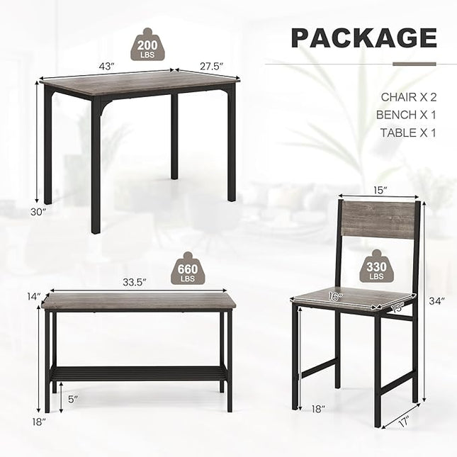 Dining Table Set for 4, Dinette Set w/Bench & Chairs, 2-Person Kitchen Table and Chairs w/Metal Frame & Storage Rack, Space-Saving Kitchen Table w/Bench for Apartment (Grey), Small - LeafyLoom