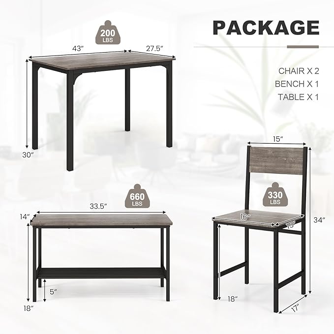 Dining Table Set for 4, Dinette Set w/Bench & Chairs, 2-Person Kitchen Table and Chairs w/Metal Frame & Storage Rack, Space-Saving Kitchen Table w/Bench for Apartment (Grey), Small - LeafyLoom