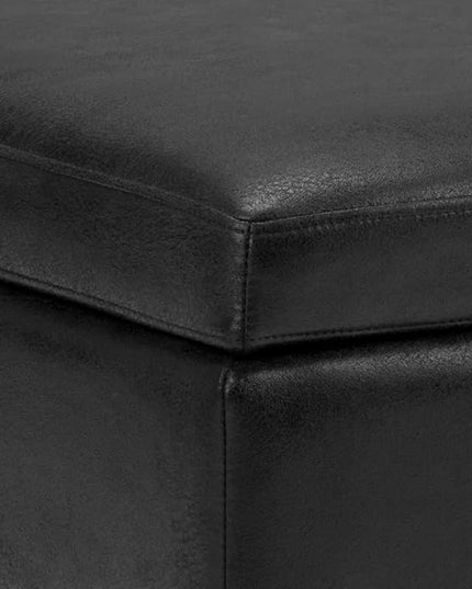 SIMPLIHOME Owen 36 Inch Wide Mid Century Modern Square Coffee Table Lift Top Storage Ottoman in Upholstered Distressed Black Faux Leather, For the Living Room - LeafyLoom