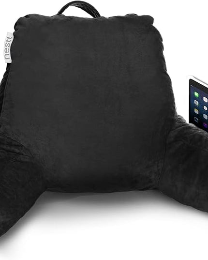 Nestl Reading Pillow with Portable Laptop Lap Desk, Velvet Feel Back Pillow for Sitting in Bed, Shredded Memory Foam Back Support Pillow for Bed, Bed Rest Pillow with Arms, Small - Black - LeafyLoom