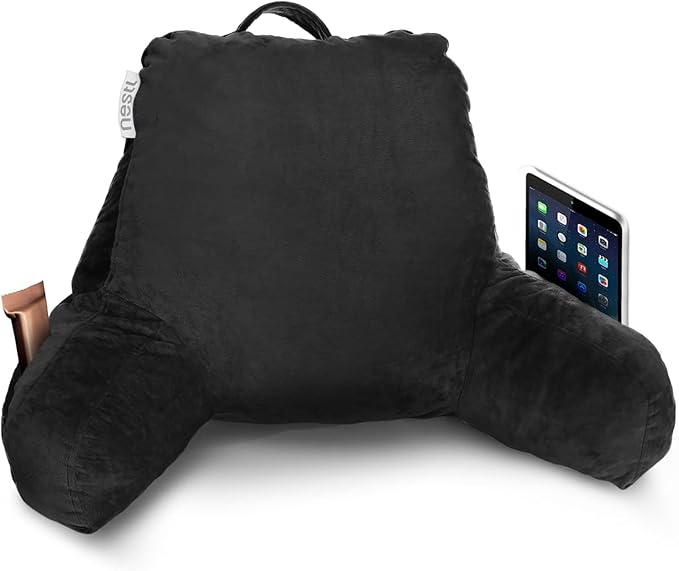 Nestl Reading Pillow with Portable Laptop Lap Desk, Velvet Feel Back Pillow for Sitting in Bed, Shredded Memory Foam Back Support Pillow for Bed, Bed Rest Pillow with Arms, Small - Black - LeafyLoom