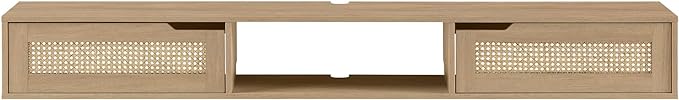 Walker Edison Modern Rattan Flip-Down-Door Wall-Mounted Floating Stand for TVs up to 80 Inches, 70 Inch, Coastal Oak - LeafyLoom