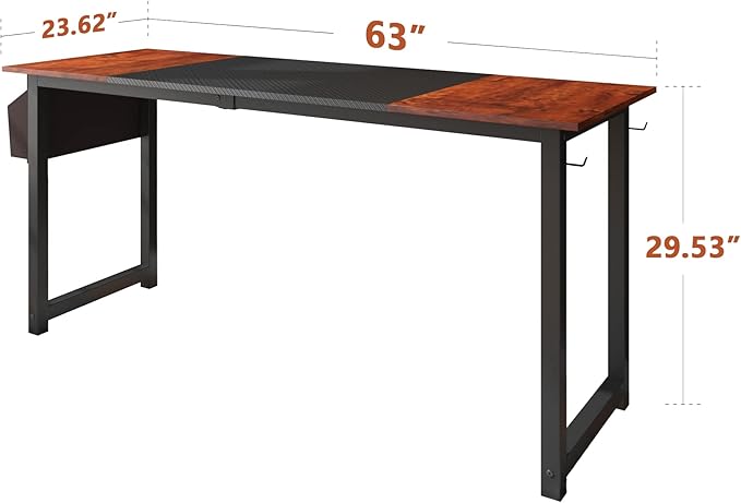 63 Inch Home Office Computer Two-Color Panel Desk with Storage Bag and Hook, Black, Sandalwood Color, Industrial Modern Laptop Desk - LeafyLoom